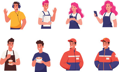 Young professionals in various roles including customer service, barista, delivery workers, digital communication, holding coffee cups, wearing headphones and uniforms, smiling