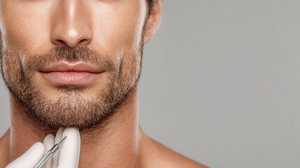 Male plastic surgery concept showing medical aesthetics procedures in modern clinic with professional surgeon and male patient