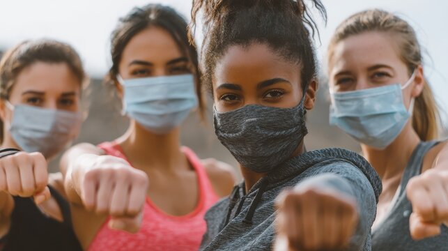 diverse multiracial fit girls friends wear face masks give elbow bump sporty african indian and caucasian young women group noncontact greeting together starting outdoor fitness training closeup no l