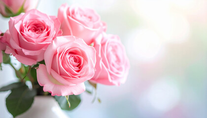 Fresh pink roses in ceramic vase. Beautiful spring, summer flower. Detailed petals, natural texture