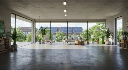 Sustainable Home Interior with Solar Panels and Green View