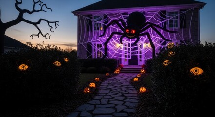 Spooky halloween decorations with giant spider and glowing eyes on a suburban house
