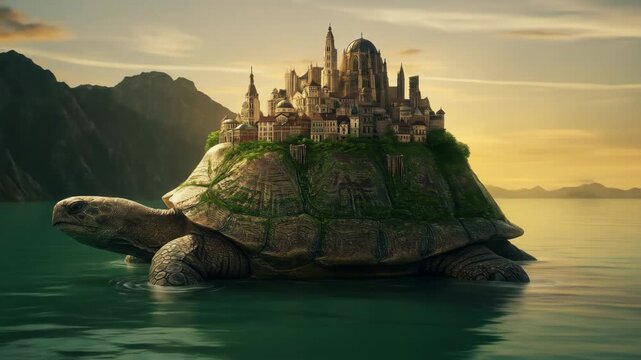 Sunset City on Turtle's Back - A majestic city sits atop a giant turtle's shell, peacefully floating on emerald waters at sunset.