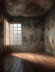 Obraz premium a neglected room with extensive mold growth on walls and ceiling hardwood floor and a window showing natural light