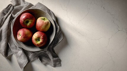 Aerial shot of a modern kitchen counter with just a bowl of apples and linen towel