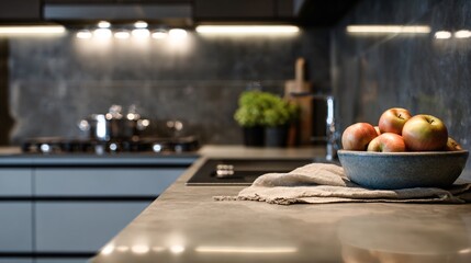 Aerial shot of a modern kitchen counter with just a bowl of apples and linen towel