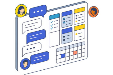 Team collaboration on a digital workspace with chat, calendar, and task management features