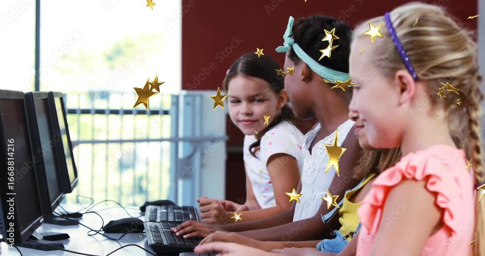 Poster girl in coral top pointing at monitor, leading coding with golden star overlays in computer lab