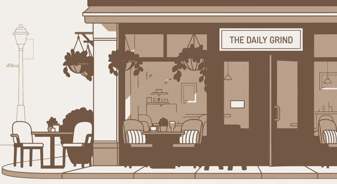 Cozy Cafe Exterior Illustration Featuring Outdoor Seating and Warm Tones, Ideal for Promoting Local Businesses or Visualizing Urban Scenes