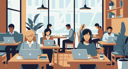 Modern Co-working Space Featuring Diverse Professionals Working on Laptops in a Bright and Airy Environment, Ideal for Business, Startups, and Collaborative Projects.