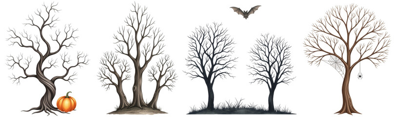 Obraz premium a collection of watercolor illustrations of spooky, leafless dead trees for halloween.