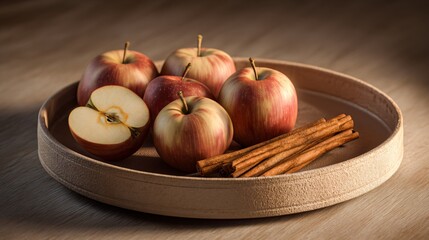 Matte ceramic tray with halved apples and cinnamon sticks