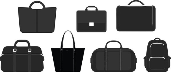 Black and white bag icons, tote, duffel, backpack, briefcase, messenger, travel luggage set, minimal line art vector illustration for fashion and accessories