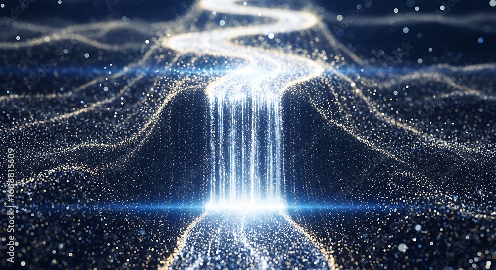 Poster abstract digital waterfall with bright light and flowing particles effect