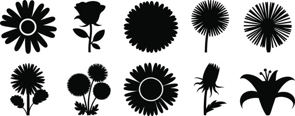 Black flower silhouettes, floral vector icons, botanical clipart, wildflower shapes, decorative plant graphics, garden bloom outlines, nature design elements, spring summer floral art