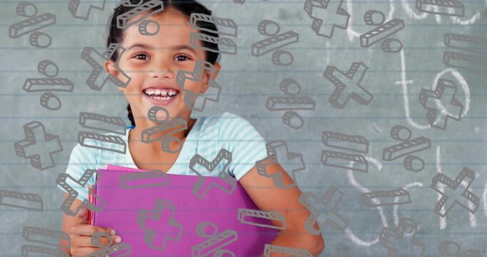 Camera revealing girl holding binder by chalkboard, math symbols swirling boosting confidence