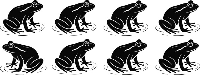 Black frog silhouettes in water, stylized amphibian icons, wildlife animal pattern, nature habitat design, pond life artwork, zoology concept, decorative vector illustration