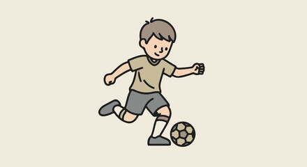 A cute cartoon boy with brown hair, wearing a green shirt and grey shorts, dribbling a soccer ball with a smile.