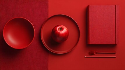 Monochrome red flat lay with red apple, red book, and red plate