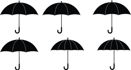 Black umbrella icons set, minimal flat vector illustration, CAD drawing style, weather protection symbol, rain safety concept, isolated silhouette design elements © Madhob Creatives
