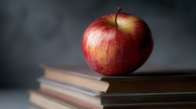 One bitten apple resting on a stack of minimalist books
