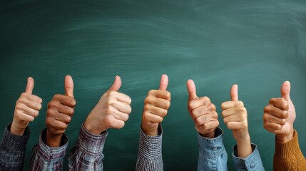Fototapeta premium close up view of the hands of a group of people giving a thumbs up gesture of approval an success with their hands raised against a blank green chalkboard with copyspace no logos no brands ar 169