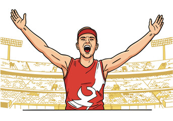 A dynamic AFL player celebrates a goal, arms raised in excitement under stadium lights. Bold colors and energetic pose create a powerful image. ?Game Eve Roar?