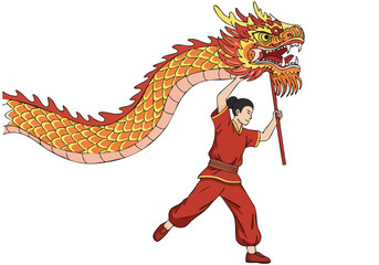 dynamic illustration depicts a performer controlling a vibrant dragon during the Dragon Dance The artist showcases traditional Chinese culture with bold colors and a captivating scene