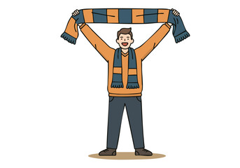 A smiling man proudly displays a scarf, embodying fan spirit and Dutch pride. Modern illustration style, vibrant colors, and clear composition for commercial use.
