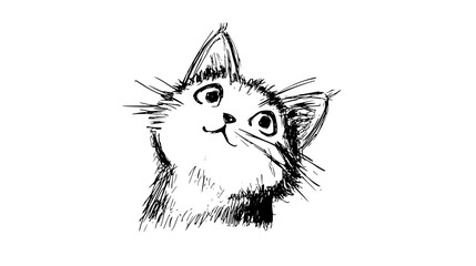 Charming Headshot of a Curious Cat with Playful Expression in Black and White Sketch Style