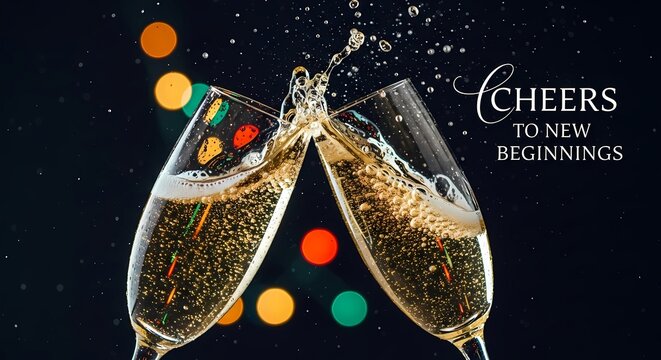 Cheers to new beginnings celebration with toasting champagne glasses and festive bokeh lights in elegant party setting