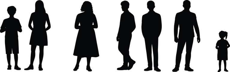 Human silhouettes, people standing in a row, family group icons, diverse ages and genders, crowd outline shapes, social design elements, vector illustration