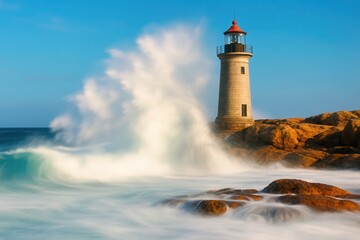 Obraz premium A Lighthouse Stands Tall Against the Roaring Sea