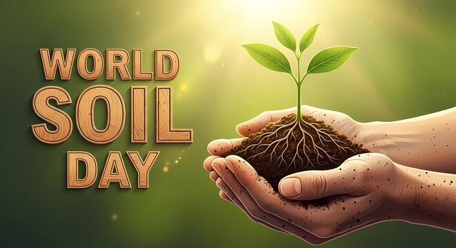World soil day concept with hands holding seedling and sunlight, promoting environmental awareness and sustainability