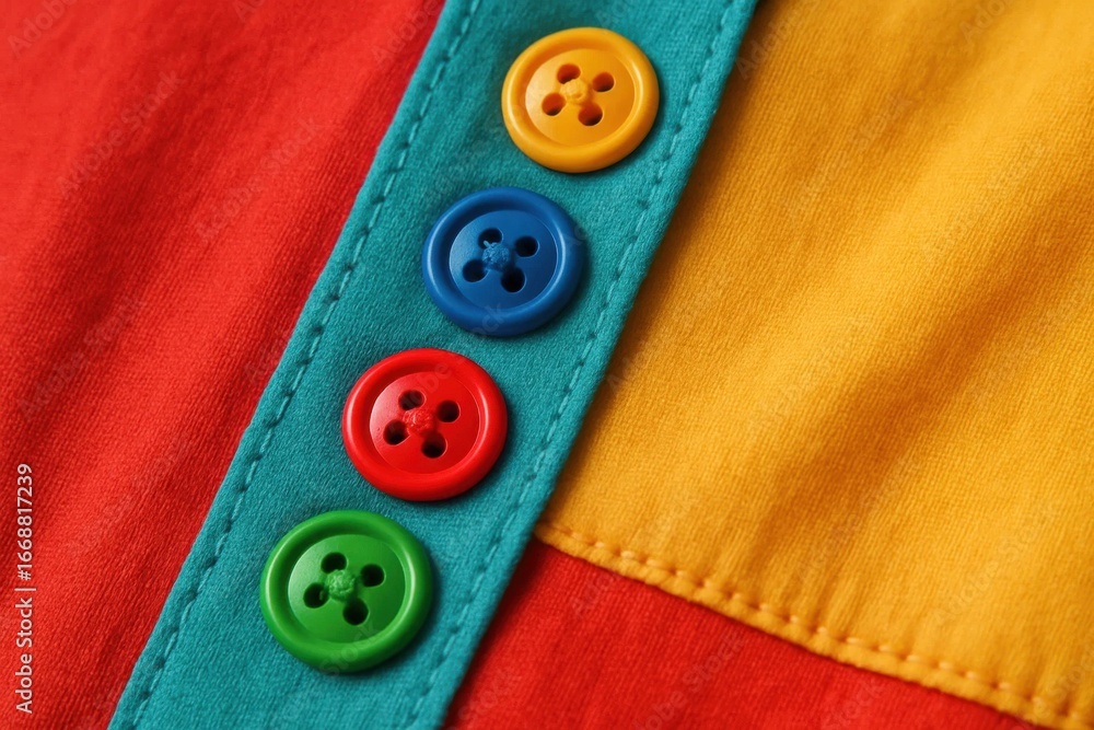 Poster a vibrant array of colorful buttons adorns a fabric patchwork, showcasing a playful blend of red, ye