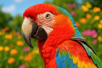Obraz premium A vibrant red parrot with a captivating gaze stands out against a backdrop of colorful flowers