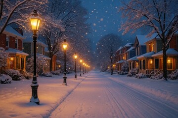 A serene winter night in a quaint neighborhood, where snowflakes gently fall and street lamps cast warm light on the snow-covered pathway