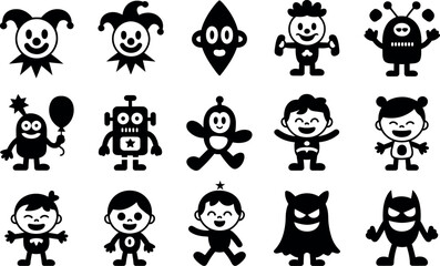 Obraz premium Playful Black and White Cartoon Character Icons: Happy, Fun, Childlike Designs