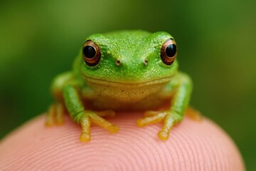 A green frog perches on a human hand, its eyes reflecting the world around it in this serene natural tableau