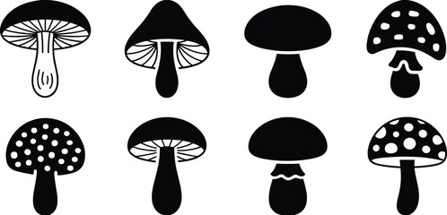 Mushroom silhouettes set, edible and wild fungi icons, botanical nature vector art, forest graphic illustration, cad drawing flat vector illustration, isolated black outline designs