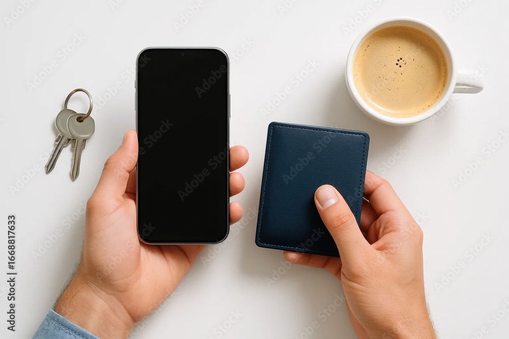 Poster a hand holds a smartphone with a wallet attached, symbolizing the integration of digital tools into 