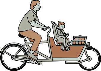 A parent with wavy hair pedals a long, front-loading cargo bike with a small child secured in a front seat.