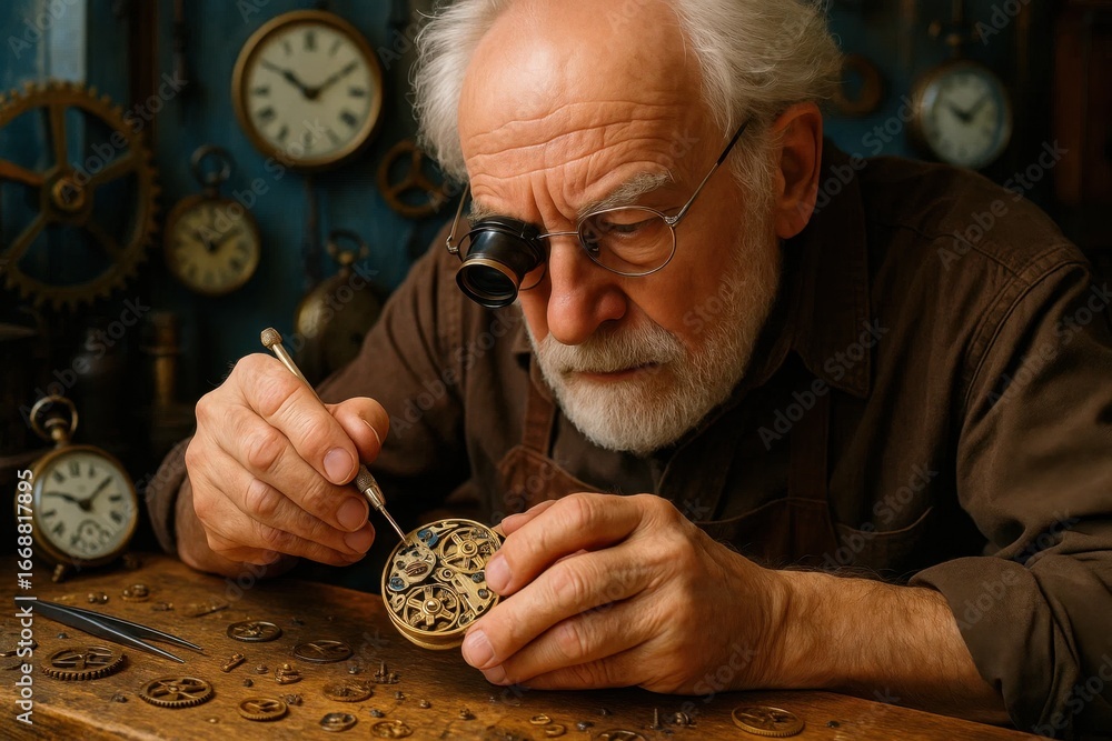 Poster an elderly man is meticulously working on a vintage clock mechanism in his workshop, surrounded by a