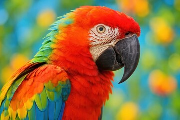 Obraz premium A vibrant parrot with a striking red head and vivid green wings stands out against a blurred backdrop of colorful flowers, embodying the beauty and diversity of nature