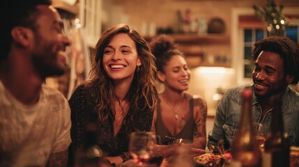 smiling group of diverse friends talking and having drinks together in a kitchen during an evening dinner party no logos no brands ar 169