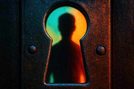 A silhouette of mystery emerges from a dark keyhole, hinting at secrets hidden within