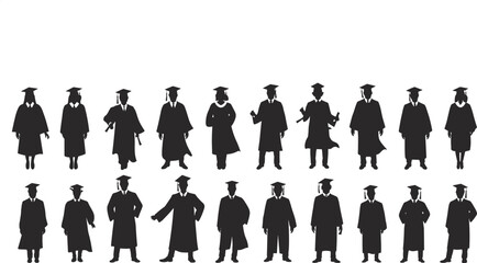 Silhouette of twenty diverse graduates in caps and gowns, holding diplomas, celebrating academic success, cad drawing flat vector illustration, education achievement