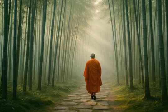 A lone monk in contemplation strolls through a misty bamboo forest
