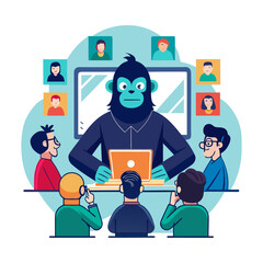 Creative silhouette vector of startup ape team engaging in group video meeting, modern business communication, digital collaboration, remote work concept