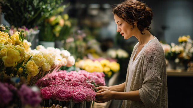 A customer browses flowers, the vibrant scene illuminated by soft light. Customer, flowers, with copy space - Powered by Adobe